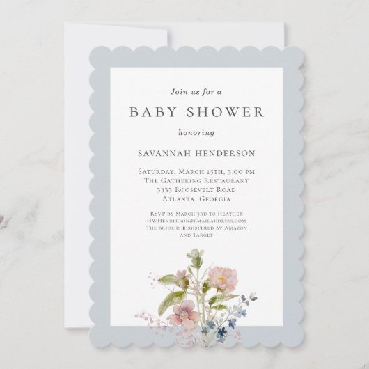 Invitation Elégant Fleur sauvage aquarelle Baby shower bleu (Devant)