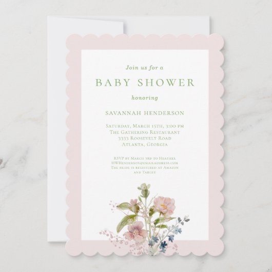 Invitation Elégant Fleur sauvage Aquarelle Baby shower rose (Devant)