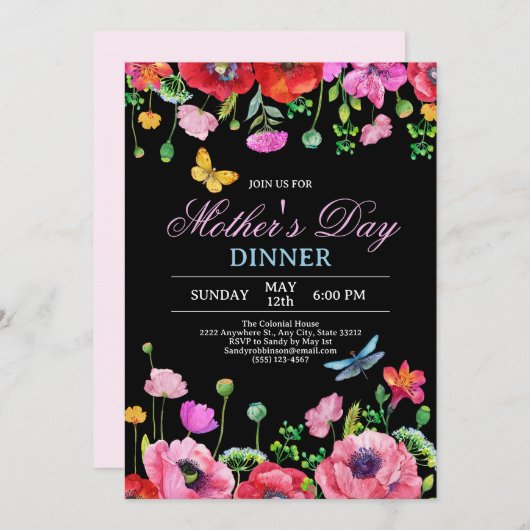 Invitation Élégant Fleur sauvage Black Chic Dîner de la Fête  (Devant / Derrière)