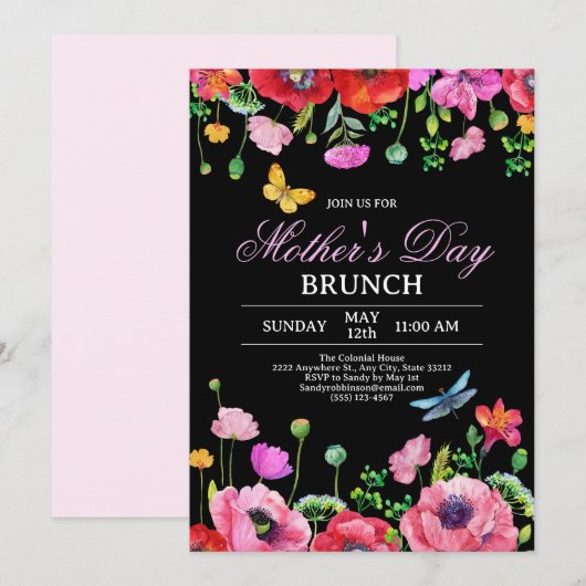 Invitation Elégant Fleur sauvage Black Chic Fête des Mères Br (Devant / Derrière)