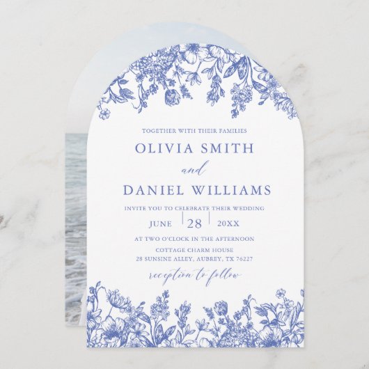 Invitation Élégant Fleur sauvage bleu Arch Mariage (Devant / Derrière)