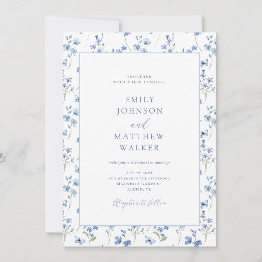 Invitation Elégant Fleur sauvage bleu Dusty Mariage (Devant)