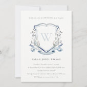 Invitation Élégant Fleur sauvage Bleu Monogram Crest Christen (Devant)