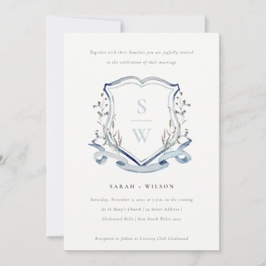Invitation Élégant Fleur sauvage bleu Monogram Crest Mariage (Devant)