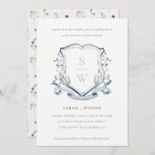 Invitation Élégant Fleur sauvage bleu Monogram Crest Mariage (Devant / Derrière)
