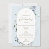 Invitation Elégant Fleur sauvage Bleu Ovale Frame Garçon Chri (Devant)