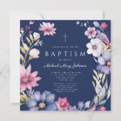 Invitation Élégant Fleur sauvage bleu Wreath Boy Baptême (Devant)