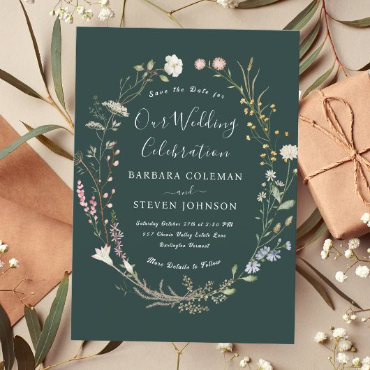 Invitation Élégant Fleur sauvage Boho rustique Mariage vert f