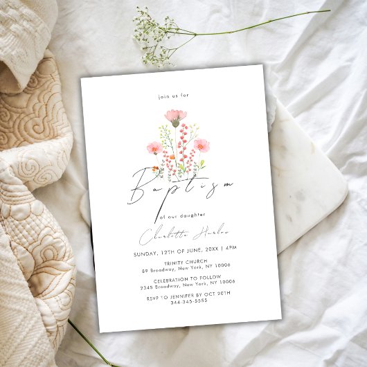 Invitation Élégant Fleur sauvage Calligraphie Florale Baptême
