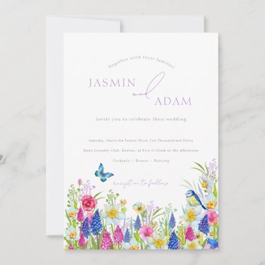 Invitation Élégant Fleur sauvage coloré papillons Mariage (Devant)