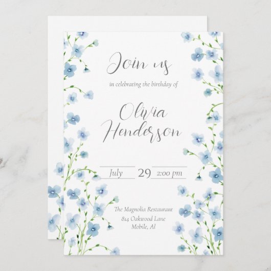 Invitation Elégant Fleur sauvage d'aquarelle bleu (Devant / Derrière)