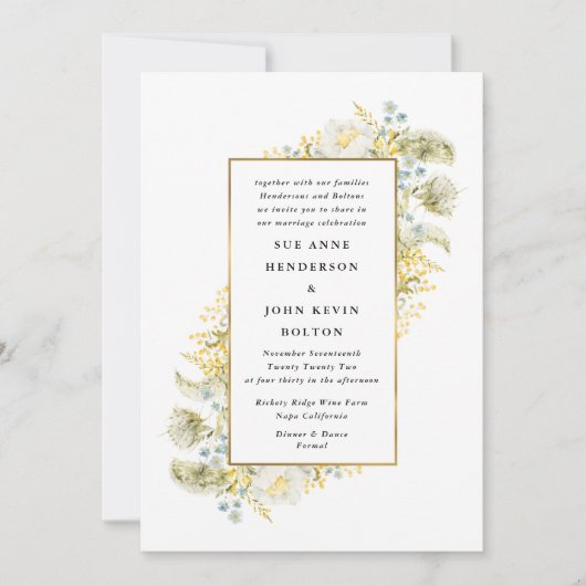 Invitation Élégant Fleur sauvage encadré or Mariage Edging (Devant)