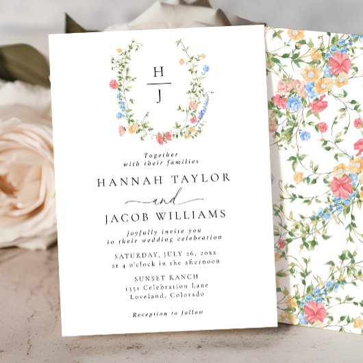 Invitation Élégant Fleur sauvage Floral Monogram Mariage