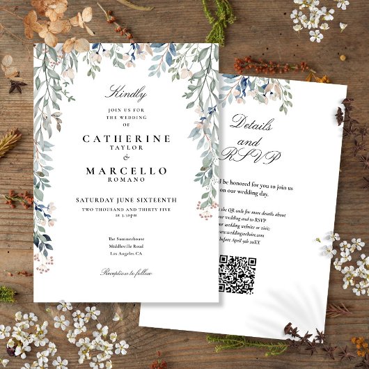Invitation Élégant Fleur sauvage Floral QR Code Mariage