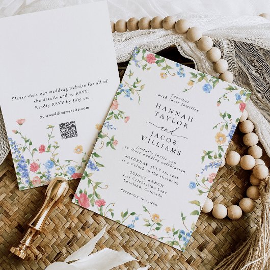 Invitation Élégant Fleur sauvage Floral QR Code Mariage RSVP