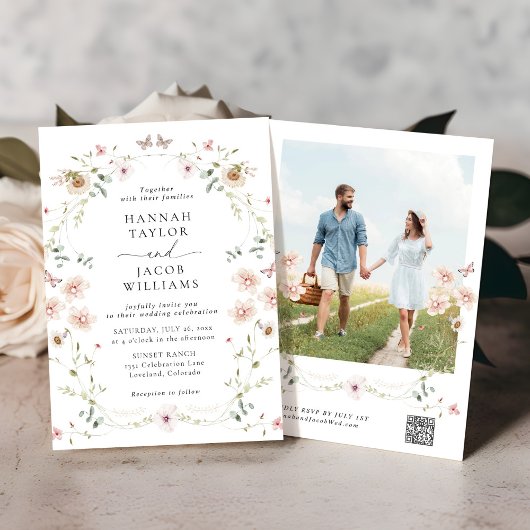 Invitation Élégant Fleur sauvage Floral QR Code Mariage RSVP