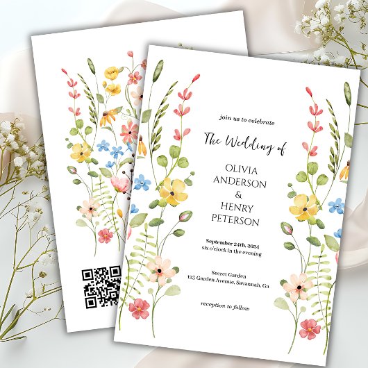 Invitation Élégant Fleur sauvage Jardin Floral QR Code Mariag