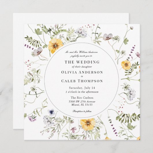 Invitation Elégant Fleur sauvage Jaune Verdure Cadre Mariage (Devant / Derrière)