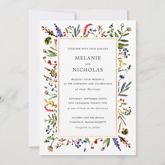 Invitation Élégant Fleur sauvage + Mariage d'or blanc dos (Devant)