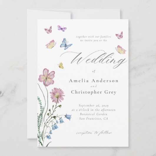 Invitation Élégant Fleur sauvage  Mariage papillon (Devant)