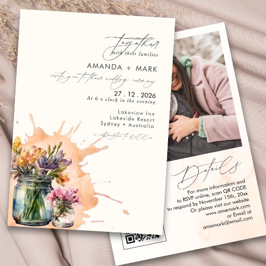 Invitation Élégant Fleur sauvage Mason Jar Qr code Mariage