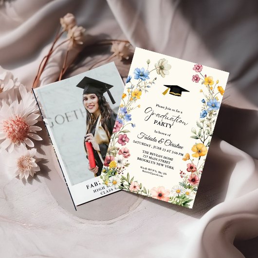 Invitation Élégant Fleur sauvage Meadow Garden Twin Graduatio