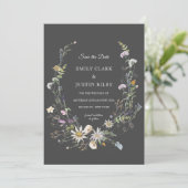 Invitation Élégant Fleur sauvage noir Enregistrer le Mariage  (Debout devant)