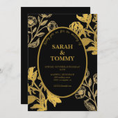 Invitation Élégant Fleur sauvage noir & or Mariage moderne (Devant / Derrière)