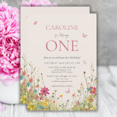 Invitation Élégant Fleur sauvage papillon fille 1er anniversa