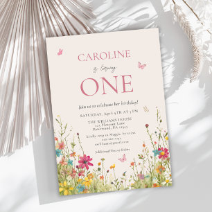Invitation Élégant Fleur sauvage papillon fille 1er anniversa