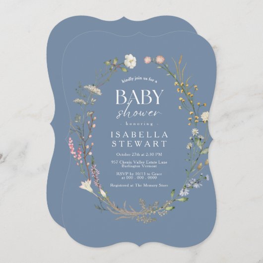Invitation Élégant Fleur sauvage Périwinkle Baby shower moder (Devant / Derrière)