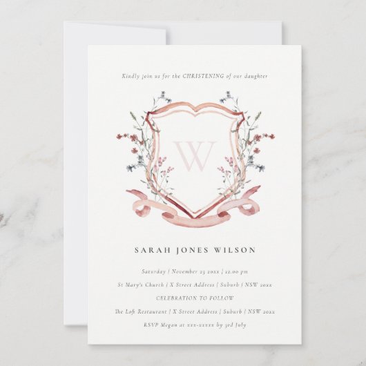 Invitation Élégant Fleur sauvage rose Monogram Crest Christen (Devant)