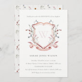 Invitation Élégant Fleur sauvage rose Monogram Crest Christen (Devant / Derrière)
