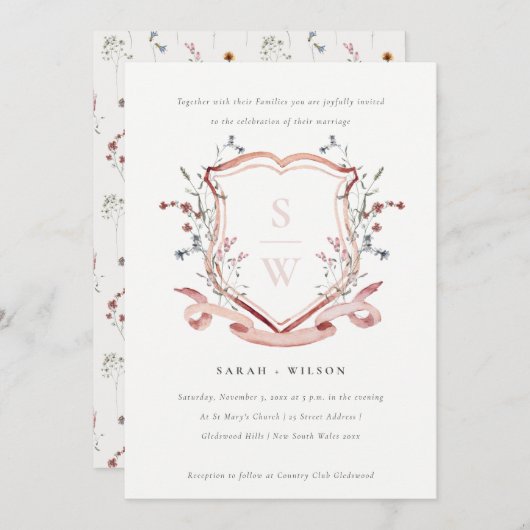 Invitation Élégant Fleur sauvage rose Monogram Crest Mariage (Devant / Derrière)