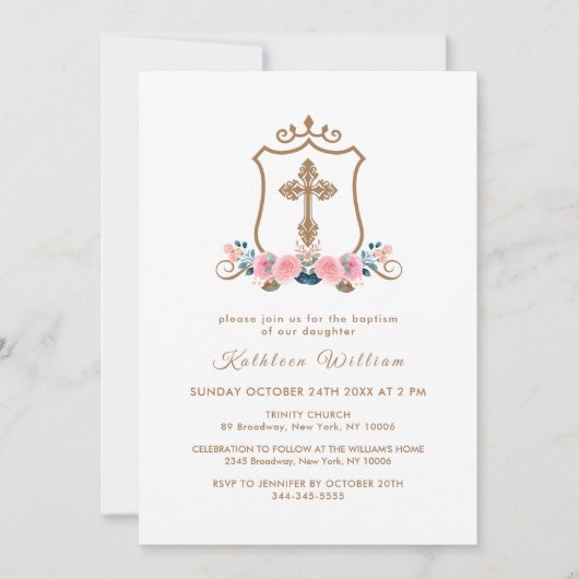 Invitation Élégant Fleur sauvage rose Rose Croix Crest Baptêm (Devant)