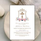 Invitation Élégant Fleur sauvage rose Rose Croix Crest Baptêm