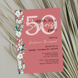 Invitation Élégant Fleur sauvage Rouge Surprise 50e anniversa