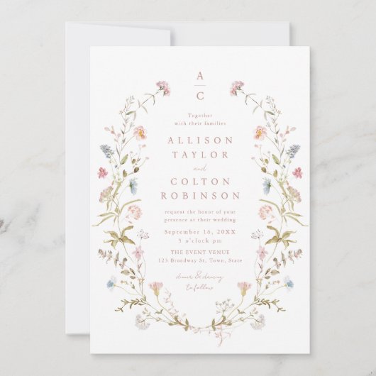 Invitation Élégant Fleur sauvage Rustic Boho Mariage monogram (Devant)