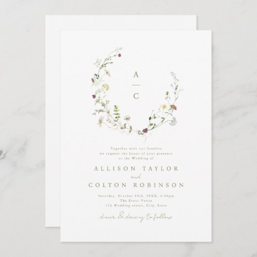 Invitation Élégant Fleur sauvage Rustic Boho Mariage monogram (Devant / Derrière)