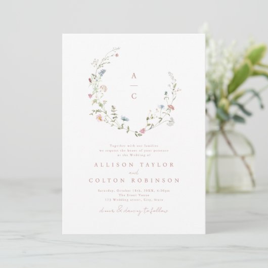 Invitation Élégant Fleur sauvage Rustic Boho Mariage monogram (Debout devant)