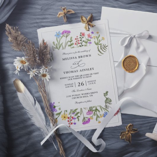 Invitation Élégant Fleur sauvage Rustic Budget QR Code Mariag