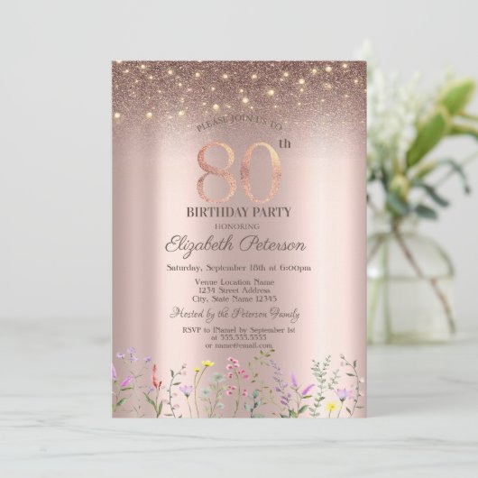 Invitation Élégant Fleur sauvage, String Lights 80e anniversa (Debout devant)