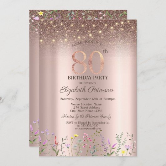 Invitation Élégant Fleur sauvage, String Lights 80e anniversa (Devant / Derrière)