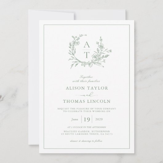 Invitation Élégant Fleur sauvage vert Sage Mariage Crest (Devant)