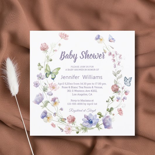 Invitation élégant fleur sauvage violet chic fille baby showe