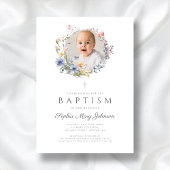 Invitation Élégant Fleur sauvage Wreath Photo Baptême