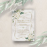 Invitation Elégant Fleurs blanches délicates Mariage en marbr<br><div class="desc">Elégant design de carte avec aquarelle délicate fleurs blanches et feuilles verts, un cadre en faux or, séparateur floral, sur un blanc ct=ream marbre arrière - plan. Sur le dos bouquet de fleurs blanches, cloison florale, initiales. Utilisez l'outil Personnaliser pour ajouter vos informations, modifier les polices, les couleurs de la...</div>