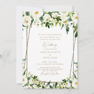 Invitation Élégant Fleurs Blanches & Or Mariage des Deux Pare