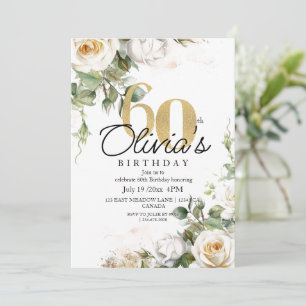 Invitation Elegant Fleurs Blanches Roses Or 60e Anniversaire