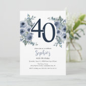 Invitation Élégant Fleurs Bleues 40e Anniversaire (Debout devant)